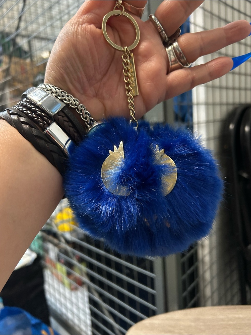 Giant Blue Faux Fur Pom Keychain with Gold Accents Fave teeth 🦷 cute!